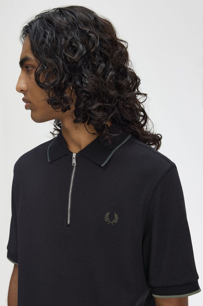 Textured Zip Neck Polo Shirt